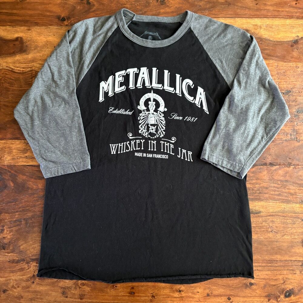 Metallica Whiskey Label Official Raglan Shirt 3/4 sleeve Mens L Rock Grunge